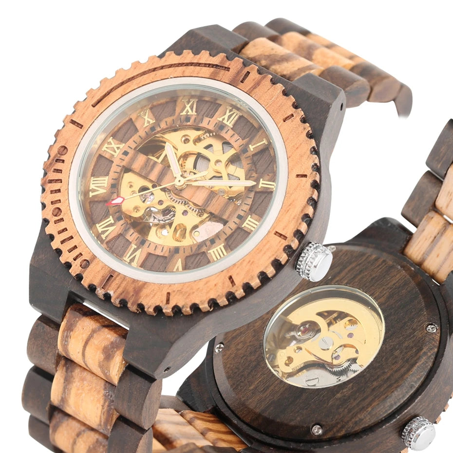 Top Brand Luxury Mens Watches Round Automatic Watch for Men Fashion Wood Clock Adjustable Wooden Bracelet Mechanical Wristwatch