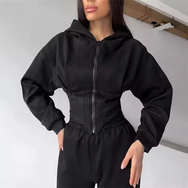 2026 New Women's Casual Sports Sets Sweatshirt Two-piece Suit Zipper-up Hooded Short Jacket Straight Trousers Sets