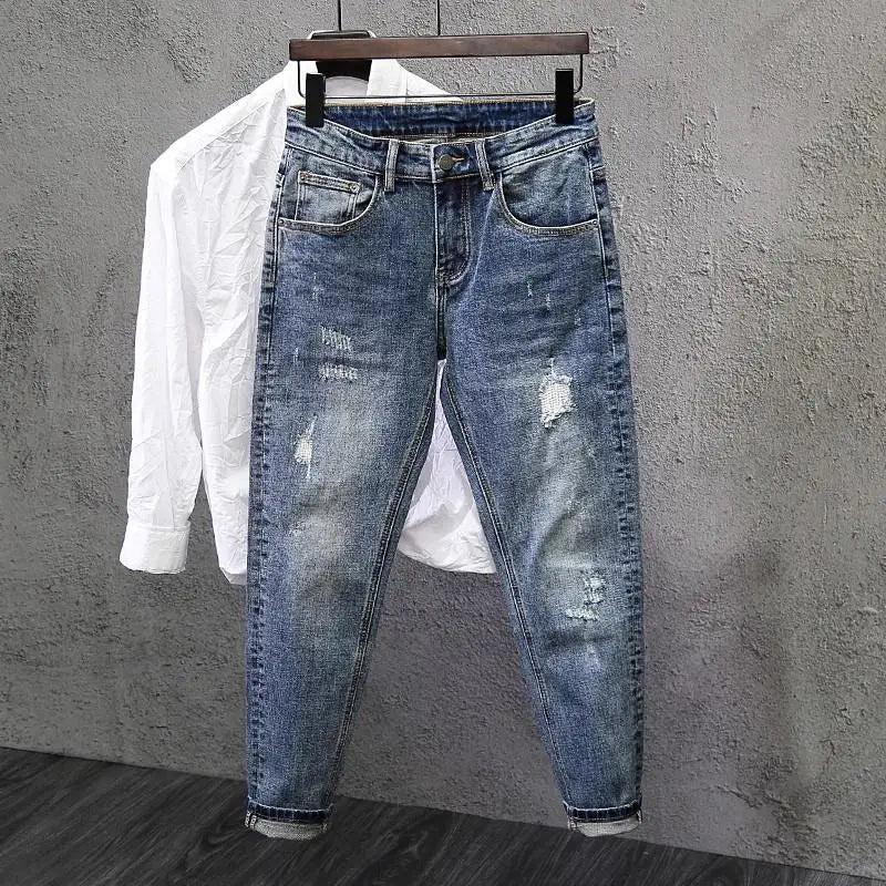 Jeans Ripped Trendy High Street Men's Long Pants Men's Brand Knees 2026 New Spring Autumn Slim Feet Streetwear Men Blue Jeans