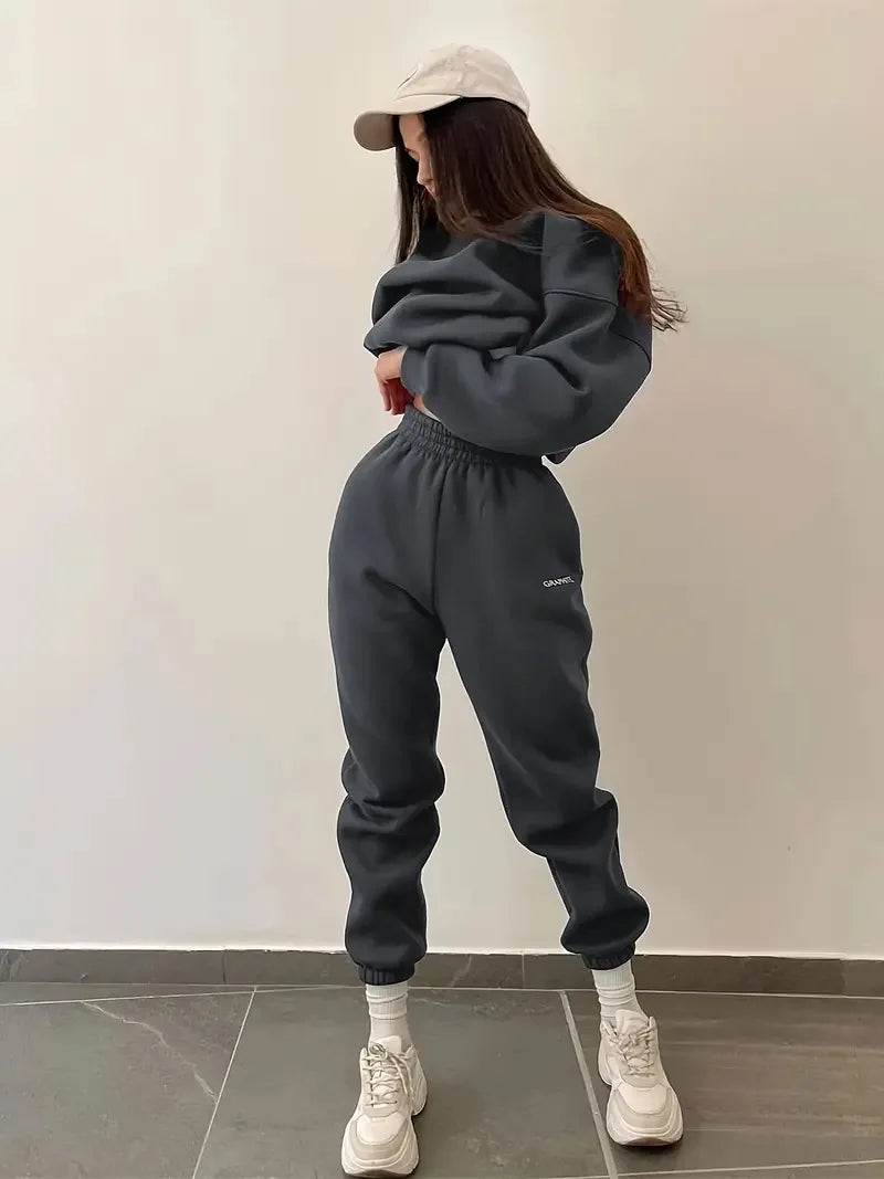 Solid Color Sports Style Long-sleeved Pullover Sweatshirt + Trousers 2 Piece Sets Women Outfit