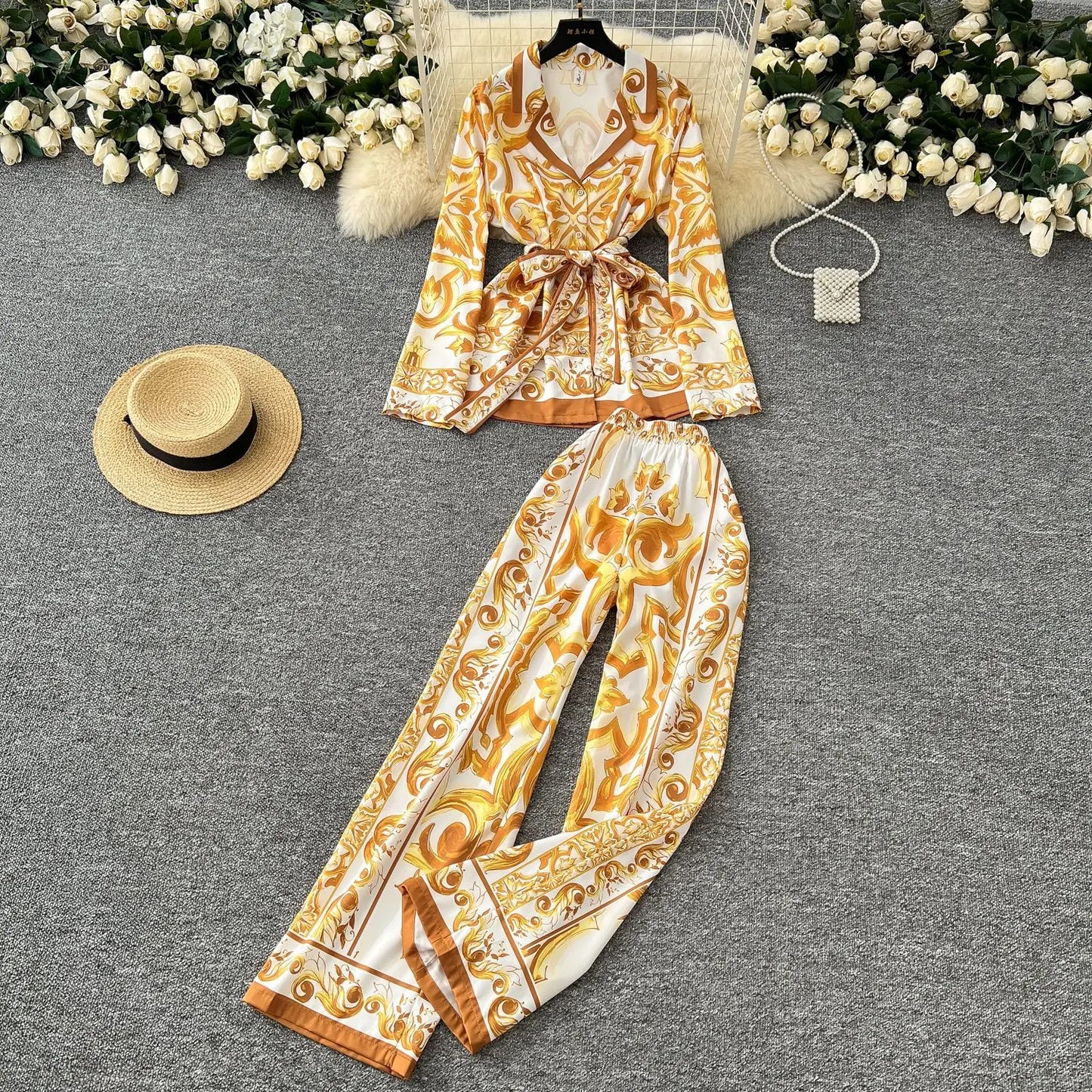 Pant Set Women Two Piece Sets Turn Down Collar Matching Sets Print Casual Loose Tops Wide Leg Long Pants Lace Up High Waist