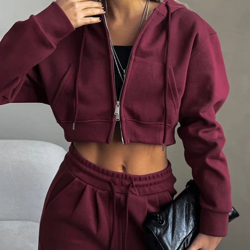 Casual Sport Tracksuit Women Hooded Two Pieces Set Sweatshirts Zipper Solid High Waist Pockets Pants Suit Outwear Autumn