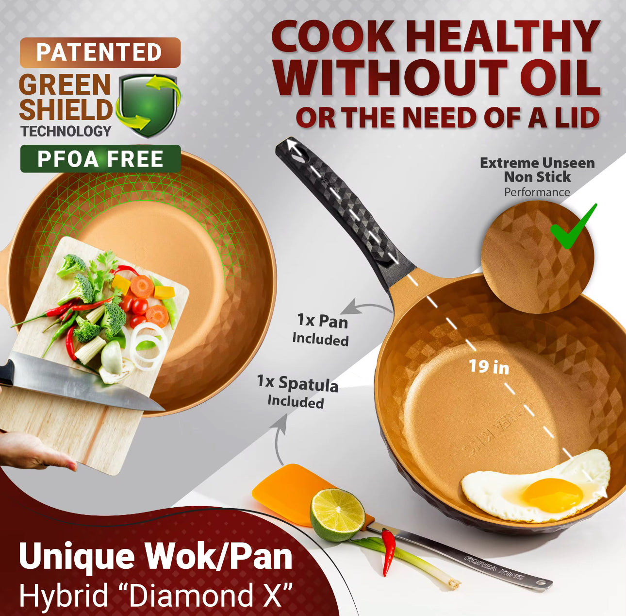 Diamond X Wok Extreme Non-Stick Frying Pan ,Titanium Coated 8 Layer Korean Designed Deep Flat Bottom Stir-Fry Pan, Unique Fast Heating Technology