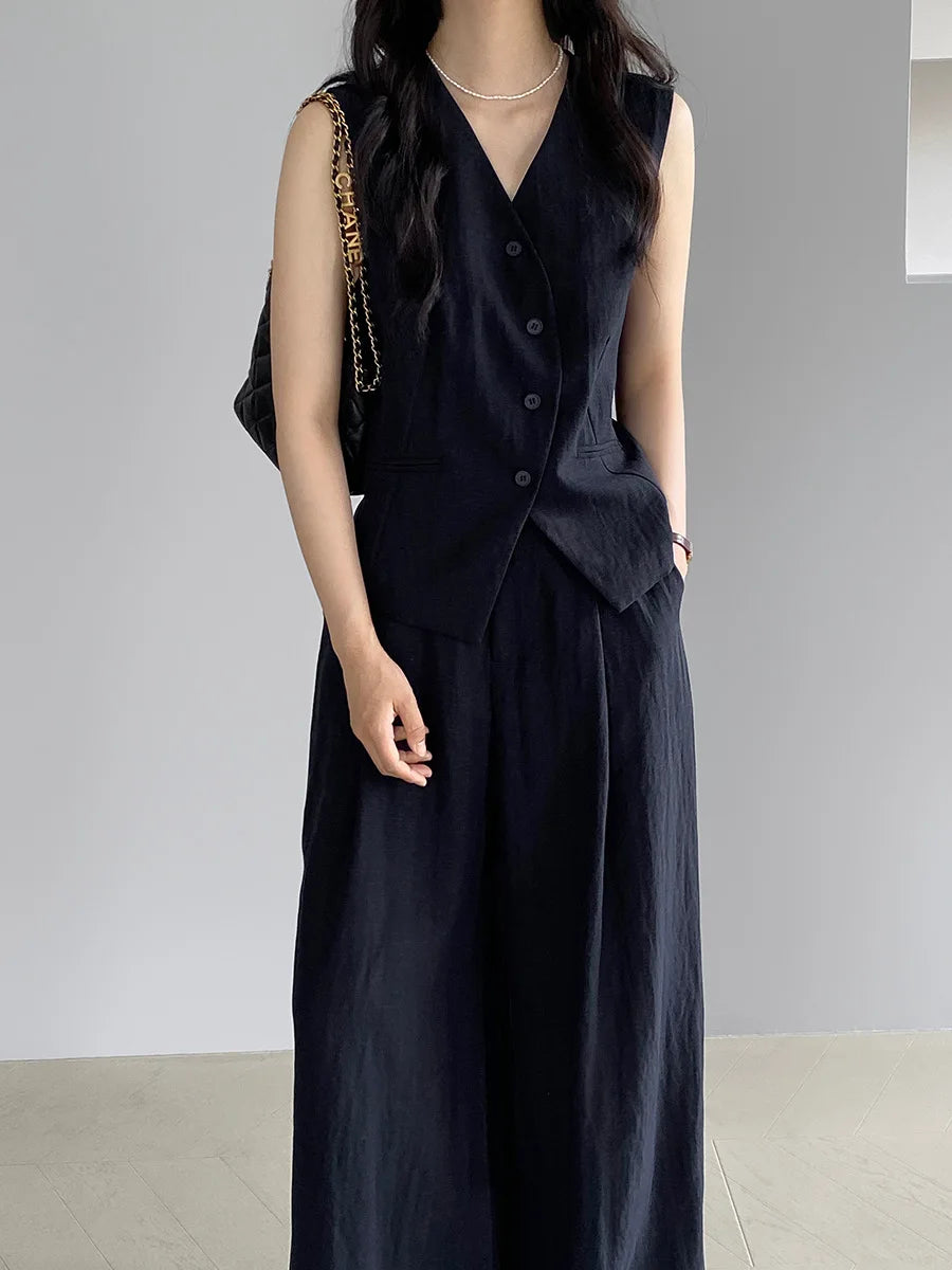 Boutique Wholesale 2026 Summer New Fashionable V-neck Slimming Sleeveless Vest Casual Wide Leg Pants Women's Set
