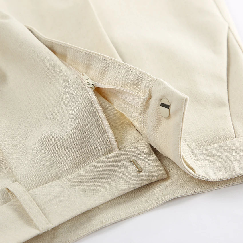 For OOTN Women's Summer Cotton Linen Two-Piece Set Khaki V-Neck Sleeveless Tank Top Casual Shorts Buttons Office Lady's Solid