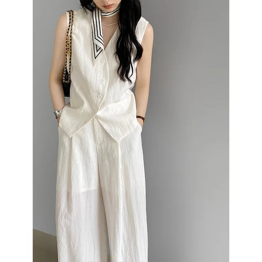 Boutique Wholesale 2026 Summer New Fashionable V-neck Slimming Sleeveless Vest Casual Wide Leg Pants Women's Set