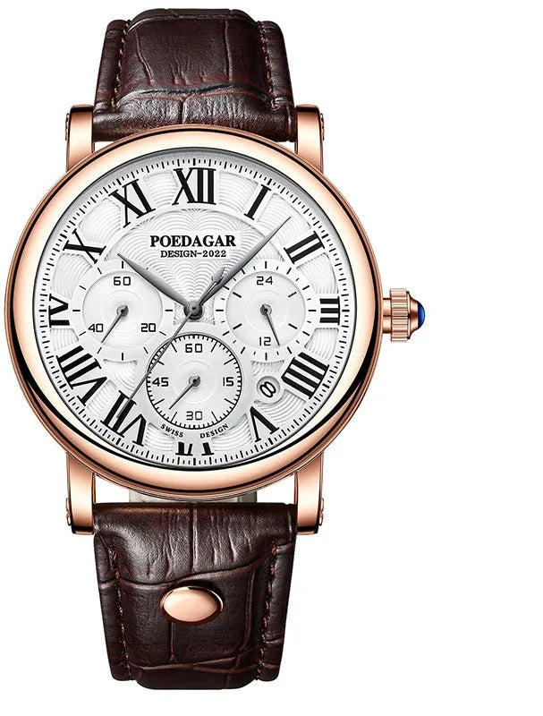 POEDAGAR Men Watch Fashion Casual Chronograph Real Leather Quartz Men's Wristwatch Waterproof Luminous Date Sport Watch for Men