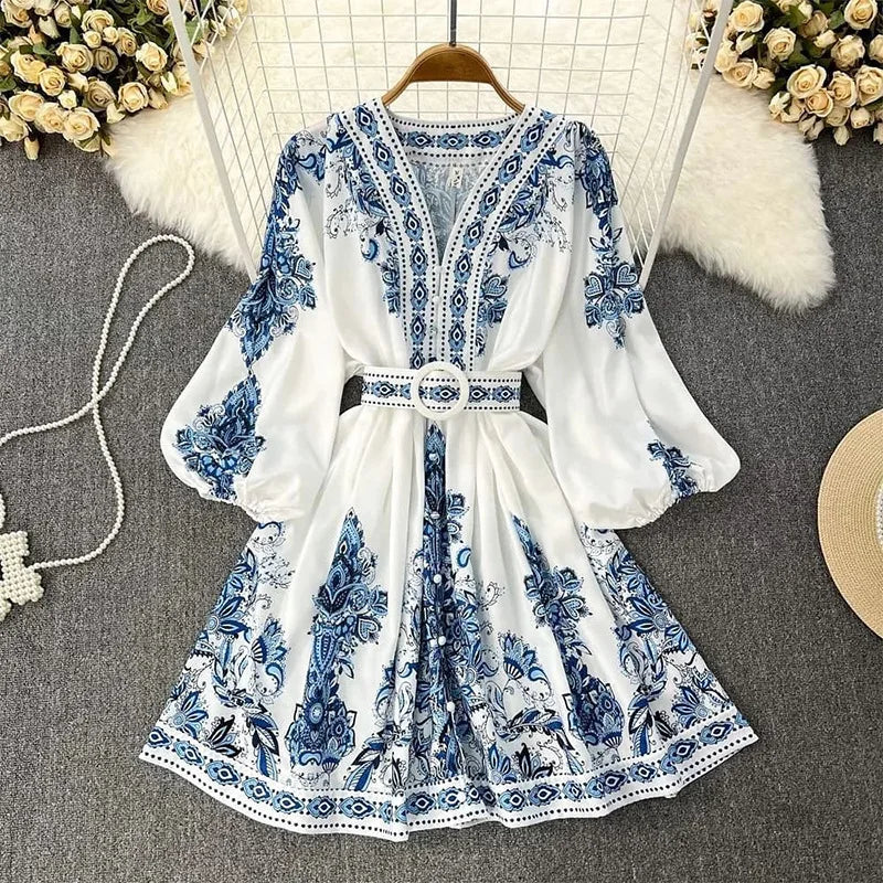 2026 Autumn New Women's Casual V-Neck Midi Length Dress Natural Front Worested Fabric Digital Bohemian Floral Print Woven Button