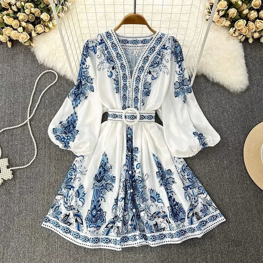 2026 Autumn New Women's Casual V-Neck Midi Length Dress Natural Front Worested Fabric Digital Bohemian Floral Print Woven Button