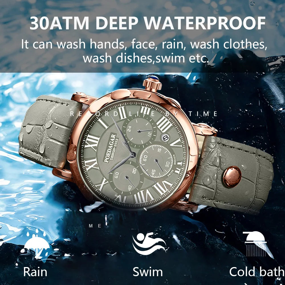 POEDAGAR Men Watch Fashion Casual Chronograph Real Leather Quartz Men's Wristwatch Waterproof Luminous Date Sport Watch for Men