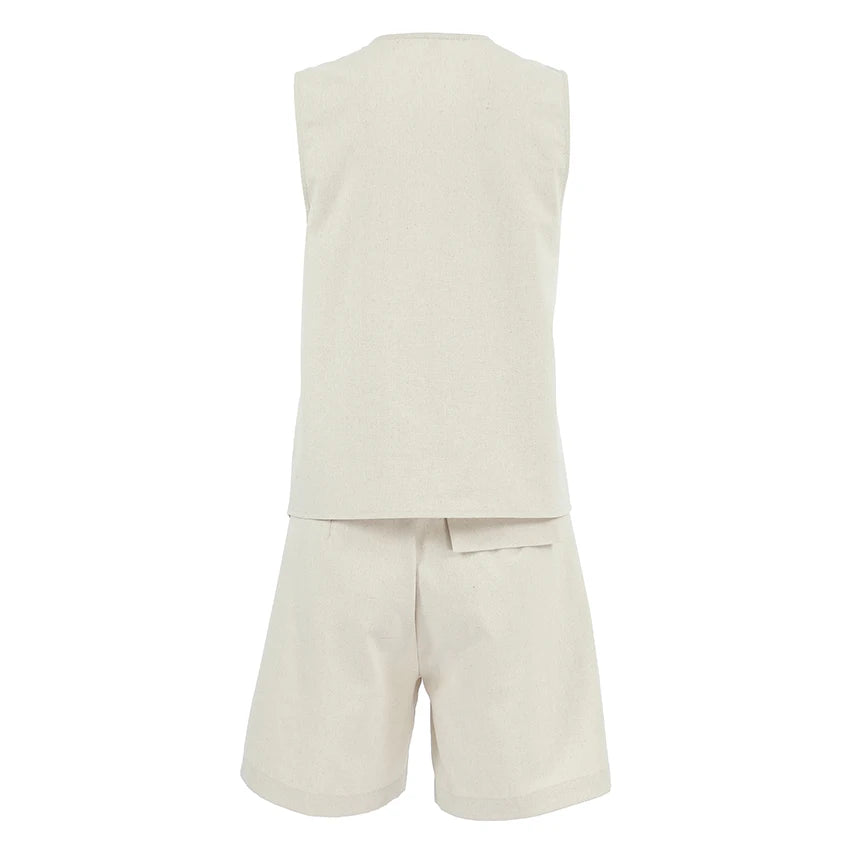 For OOTN Women's Summer Cotton Linen Two-Piece Set Khaki V-Neck Sleeveless Tank Top Casual Shorts Buttons Office Lady's Solid