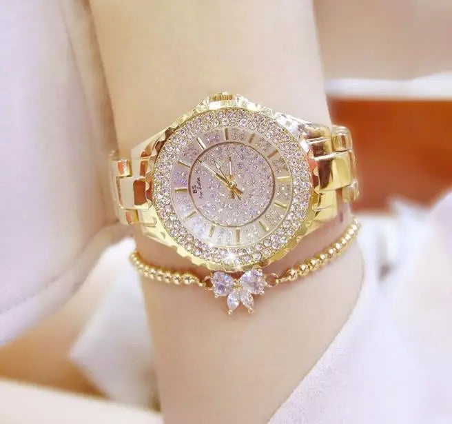 Customized Brand Gold Women Japan Quartz Movement Diamond Stainless Steel Clock Female Fashion Ladies Wristwatches