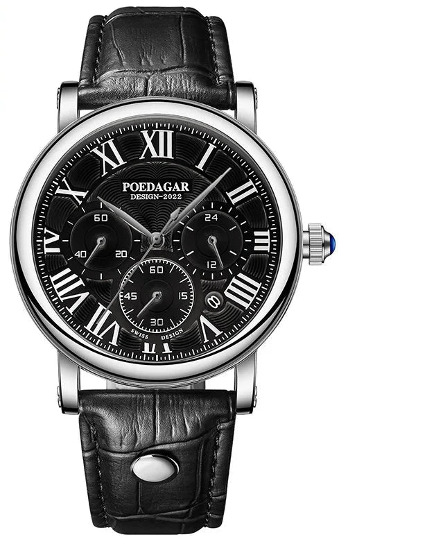 POEDAGAR Men Watch Fashion Casual Chronograph Real Leather Quartz Men's Wristwatch Waterproof Luminous Date Sport Watch for Men