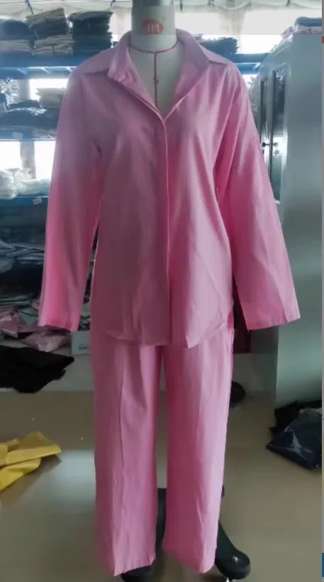 Women Casual Two-piece Set  Women's Collar Long Sleeved Shirt Casual Solid Color Pants Wide Leg Set