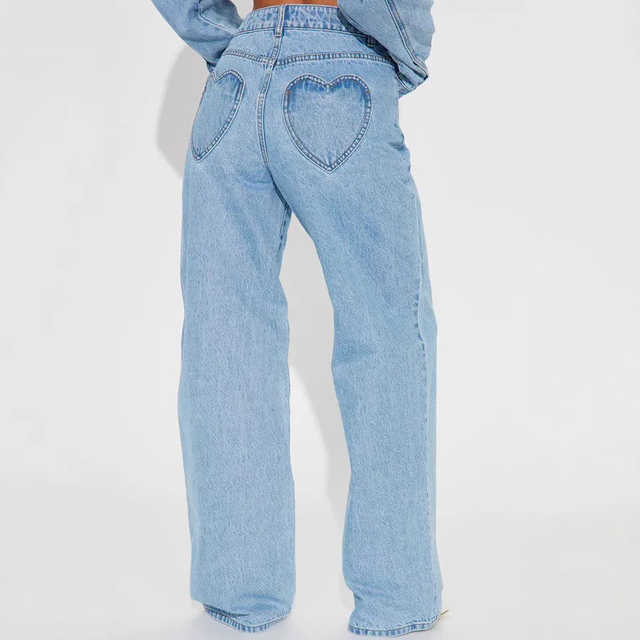 2026 New Arrival Women's High Waist Loose Straight-Leg Jeans with Heart Flap Design Washed Look for Slimming Effect