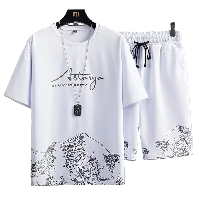 Hot Selling Men's Summer T-shirt Suit Casual Thin Print Sports Jogger Short Sleeve Top Shorts 2 Piece Set