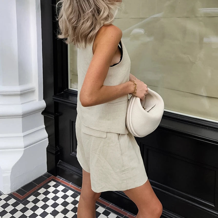 For OOTN Women's Summer Cotton Linen Two-Piece Set Khaki V-Neck Sleeveless Tank Top Casual Shorts Buttons Office Lady's Solid