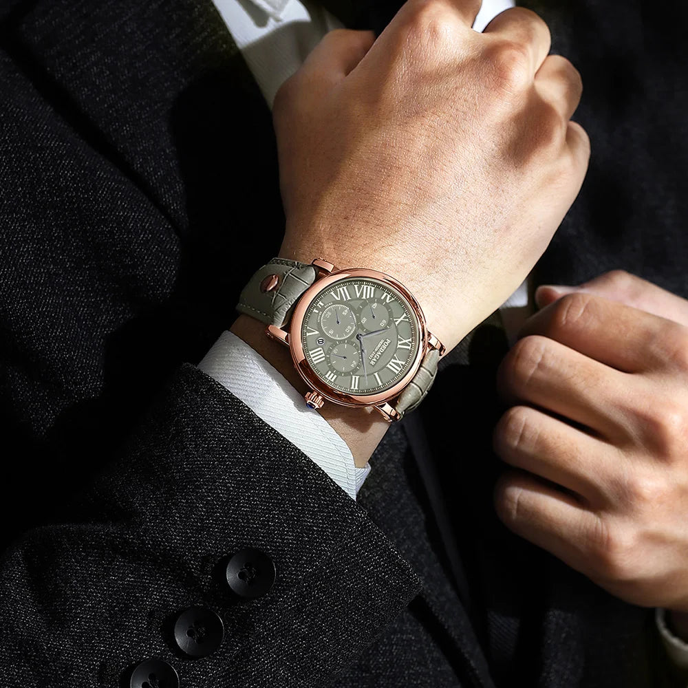 POEDAGAR Men Watch Fashion Casual Chronograph Real Leather Quartz Men's Wristwatch Waterproof Luminous Date Sport Watch for Men