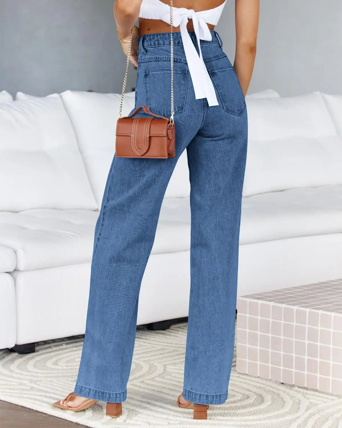 Women's Trendy Mid Waisted Straight Leg Jeans Loose Stretchy Lightweight Denim Tummy Control Vintage Casual Style Woven Weave