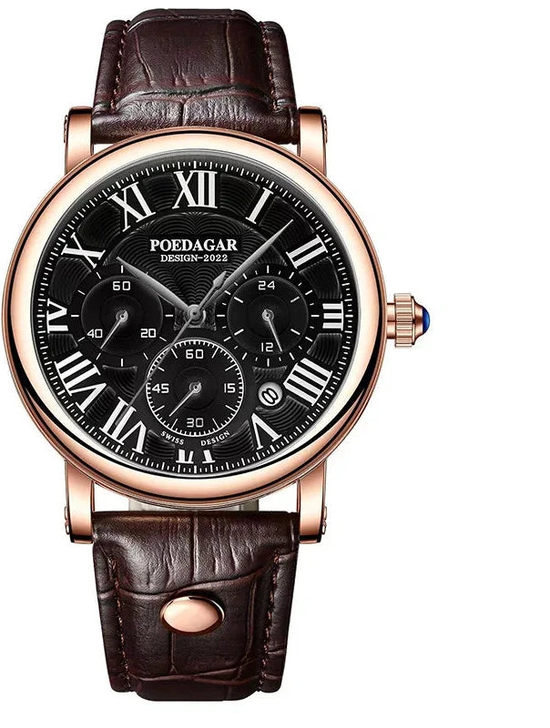 POEDAGAR Men Watch Fashion Casual Chronograph Real Leather Quartz Men's Wristwatch Waterproof Luminous Date Sport Watch for Men