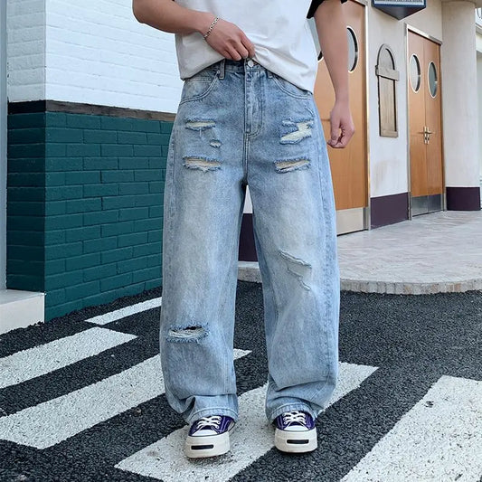 New High-end Light-colored Ripped Jeans for Men, an American High Street Trendy Brand, Straight and Loose Fit, Stylish and Cool.