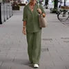 Women Casual Two-piece Set  Women's Collar Long Sleeved Shirt Casual Solid Color Pants Wide Leg Set