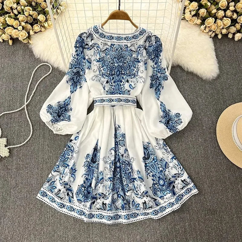 2026 Autumn New Women's Casual V-Neck Midi Length Dress Natural Front Worested Fabric Digital Bohemian Floral Print Woven Button