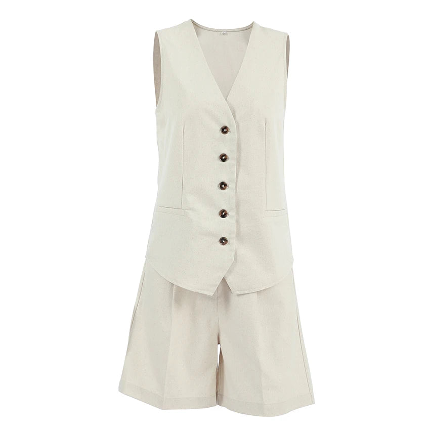 For OOTN Women's Summer Cotton Linen Two-Piece Set Khaki V-Neck Sleeveless Tank Top Casual Shorts Buttons Office Lady's Solid