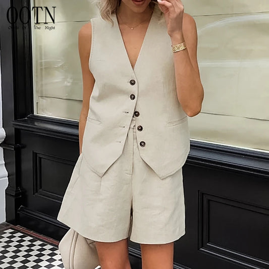 For OOTN Women's Summer Cotton Linen Two-Piece Set Khaki V-Neck Sleeveless Tank Top Casual Shorts Buttons Office Lady's Solid