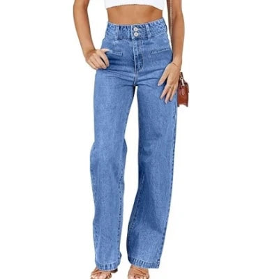 Women's Trendy Mid Waisted Straight Leg Jeans Loose Stretchy Lightweight Denim Tummy Control Vintage Casual Style Woven Weave