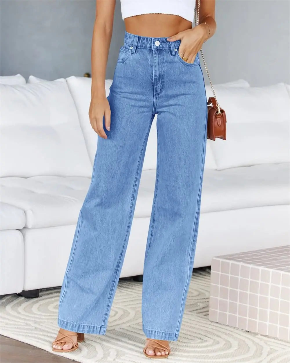 Women's Trendy Mid Waisted Straight Leg Jeans Loose Stretchy Lightweight Denim Tummy Control Vintage Casual Style Woven Weave