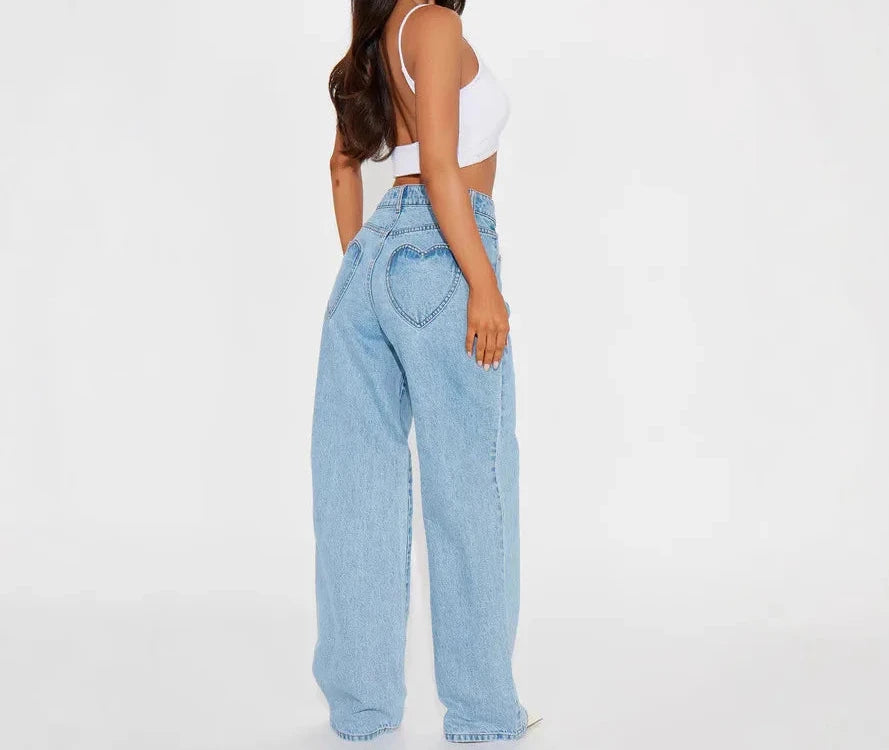 2026 New Arrival Women's High Waist Loose Straight-Leg Jeans with Heart Flap Design Washed Look for Slimming Effect