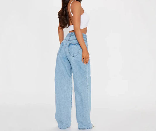 2026 New Arrival Women's High Waist Loose Straight-Leg Jeans with Heart Flap Design Washed Look for Slimming Effect