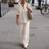 Women Casual Two-piece Set  Women's Collar Long Sleeved Shirt Casual Solid Color Pants Wide Leg Set