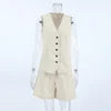 For OOTN Women's Summer Cotton Linen Two-Piece Set Khaki V-Neck Sleeveless Tank Top Casual Shorts Buttons Office Lady's Solid