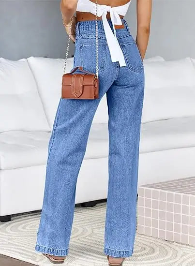 Women's Trendy Mid Waisted Straight Leg Jeans Loose Stretchy Lightweight Denim Tummy Control Vintage Casual Style Woven Weave