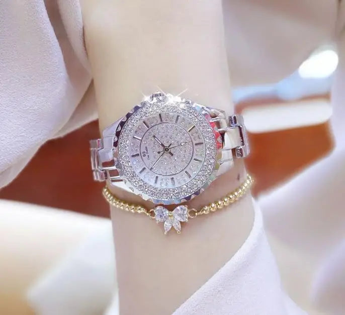 Customized Brand Gold Women Japan Quartz Movement Diamond Stainless Steel Clock Female Fashion Ladies Wristwatches