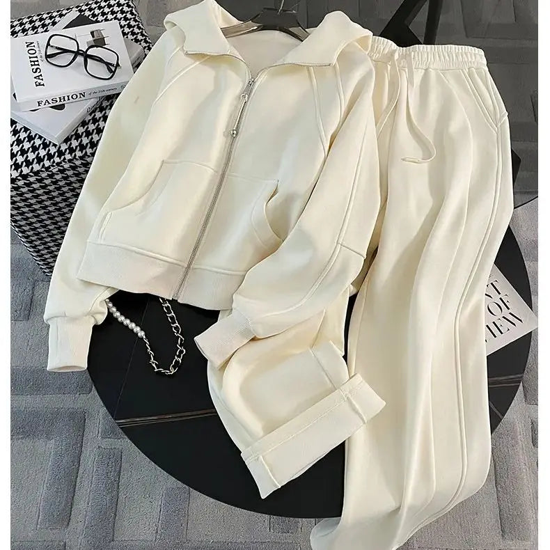 BESTBAFU Autumn Casual Pants Set Women Fashion Hooded Zipper Jacket+Drawstring Wide Leg Pants Solid Color Tracksuit 2pcs 006F