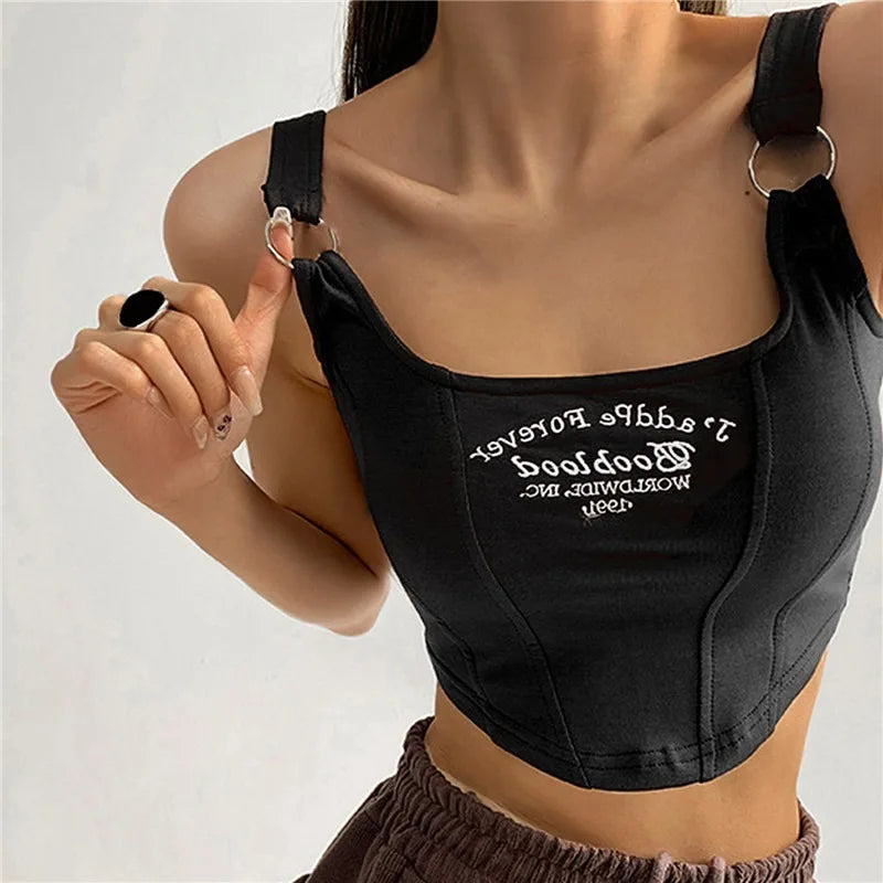 Women Embroid Letter Tank Tops Casual Camis Y2K Crop Tops For Women Shoulder Belt Iron Ring Tank Tops