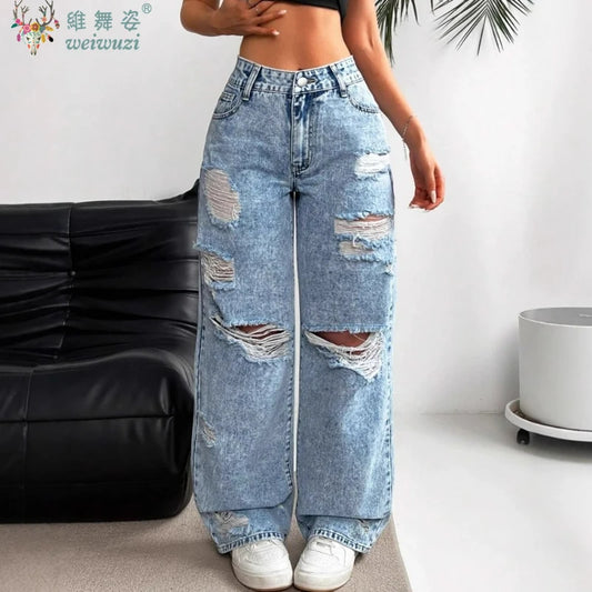 Women's Ripped JEANS Straight Wide-Leg Denim Pants Stretch Holes Denim Trousers Pocket Comfortable High Waist Pants