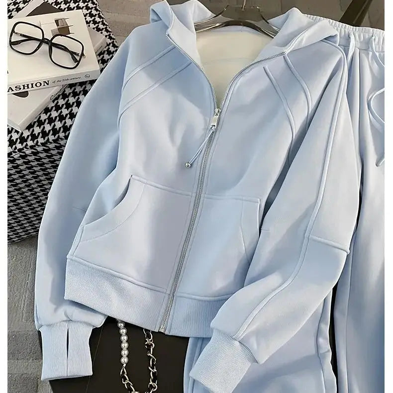 BESTBAFU Autumn Casual Pants Set Women Fashion Hooded Zipper Jacket+Drawstring Wide Leg Pants Solid Color Tracksuit 2pcs 006F