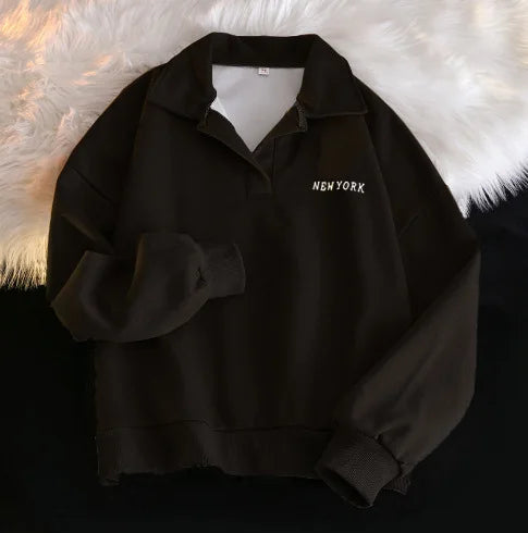 Women Sweatshirt Turn Down Collar Hoodies Letter Sweatshirts Long Sleeve Pullovers Casual Loose Fit Sports Slight Strech