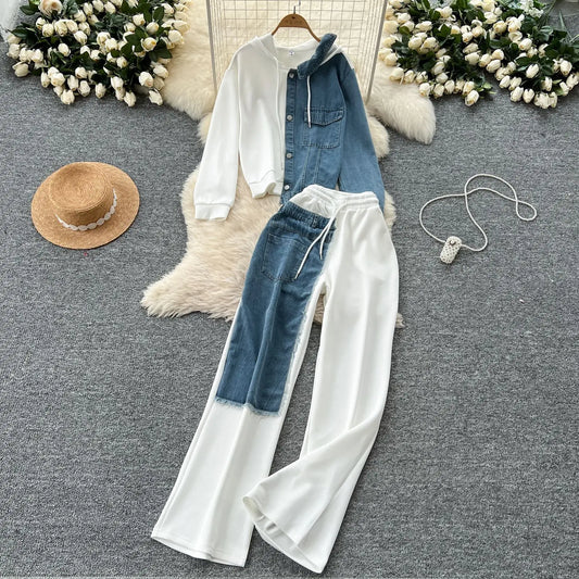 Women Pants Suit Hoodie Coat Trousers 2 Piece Sets Denim Patchwork Autumn Outfits Hooded Jacket Washed Streetwear Tracksuit
