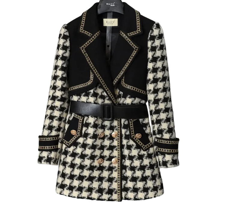 Woolen Coat Women Winter New Double-Breasted Mid-Long Plaid Woolen Windbreaker Fashion Pocket Belt Outwear Wool Coats Female