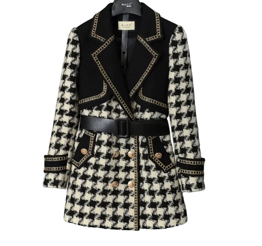 Woolen Coat Women Winter New Double-Breasted Mid-Long Plaid Woolen Windbreaker Fashion Pocket Belt Outwear Wool Coats Female