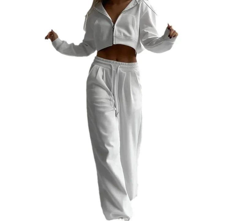 Casual Sport Tracksuit Women Hooded Two Pieces Set Sweatshirts Zipper Solid High Waist Pockets Pants Suit Outwear Autumn