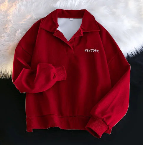 Women Sweatshirt Turn Down Collar Hoodies Letter Sweatshirts Long Sleeve Pullovers Casual Loose Fit Sports Slight Strech
