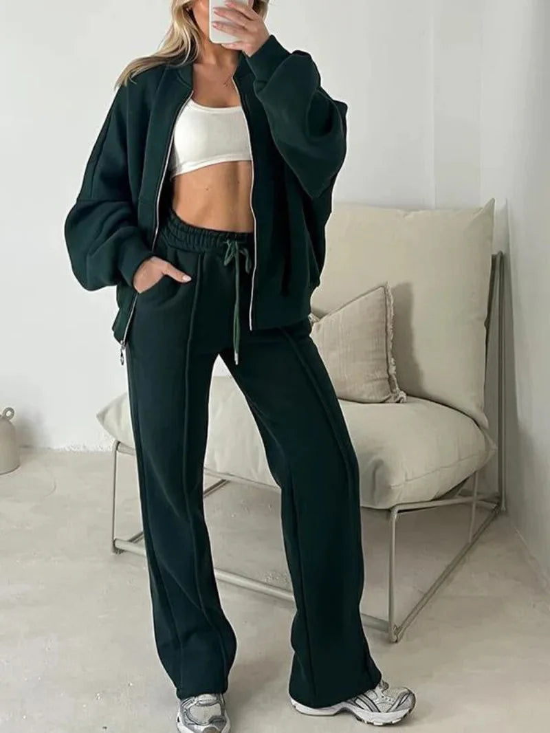 Tracksuit Women Two Pieces Pant Sets Sweatshirts Zipper Long Sleeve Straight Pants Drawstring Pocket Sports Autumn Winter