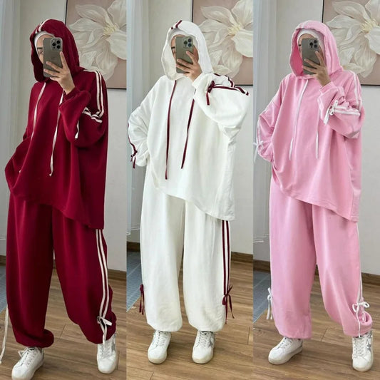 Suit Women  Top Wide Leg Pants 2 Piece Set Trousers Hooded sweatshirt Ensemble Sporty Stripe Outfits Tracksuit