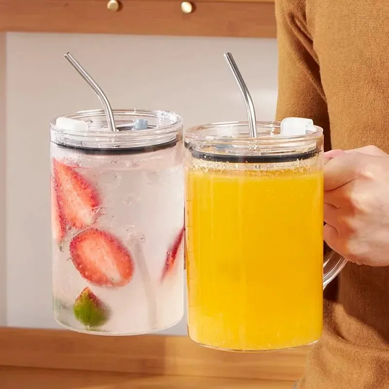 1000ml Large Capacity Glass Tumbler with Lid & Straw - Graduated Markings, Leakproof Design for Iced Coffee & Cold Beverages